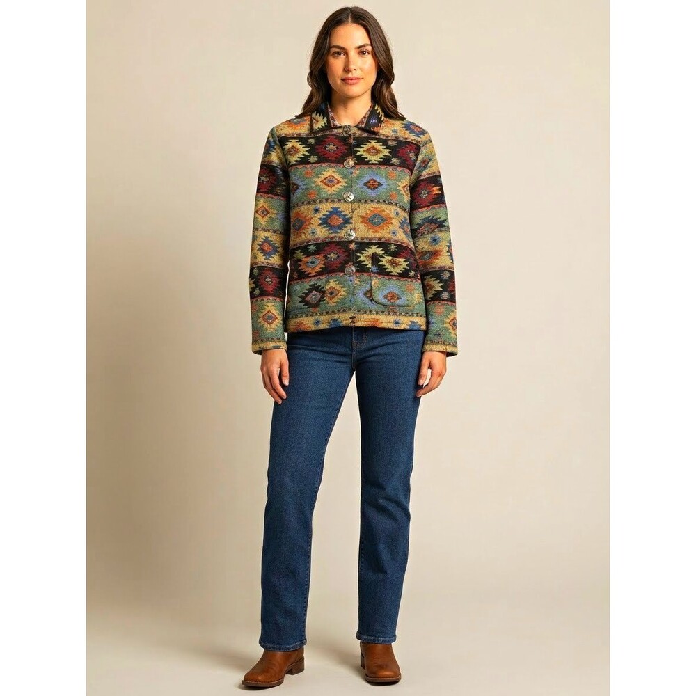 Aztec Southwestern Multicolor Jacke Collared Button Front Rustic Outdoor Tribal
